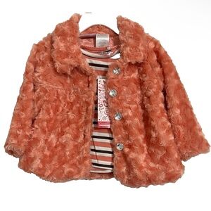 YOUNG HEARTS GIRLS 24M ORANGE FAUX FUR COAT DECORATIVE BUTTONS & MATCHING BLOUSE